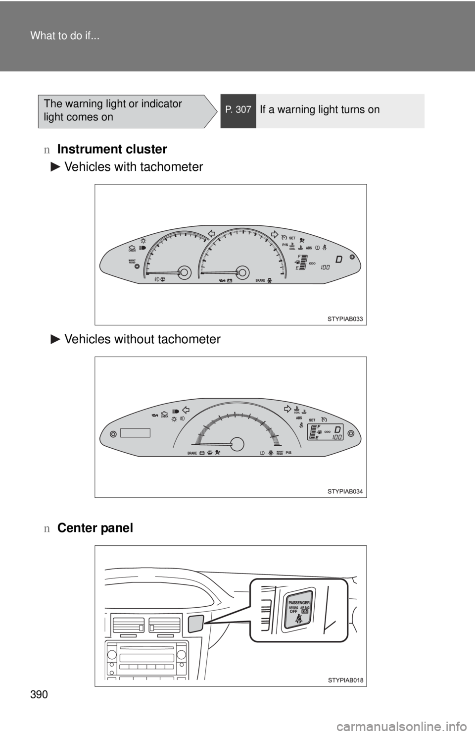TOYOTA YARIS HATCHBACK 2009  Owners Manual 390 What to do if...
nInstrument cluster
nCenter panel
The warning light or indicator 
light comes onP. 307If a warning light turns on
Vehicles with tachometer
Vehicles without tachometer 