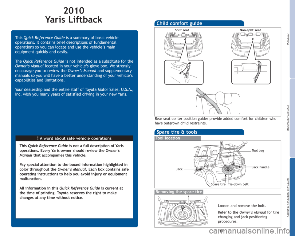 TOYOTA YARIS HATCHBACK 2010  Owners Manual 2010
Yaris Liftback
!A word about safe vehicle operations
This
Quick Reference Guide is a summary of basic vehicle
operations. It contains brief descriptions of fundamental
operations so you can locat
