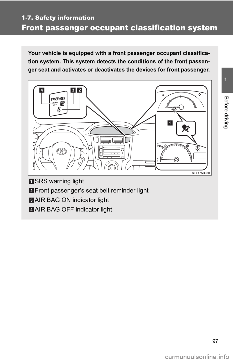 TOYOTA YARIS HATCHBACK 2010  Owners Manual 97
1
1-7. Safety information
Before driving
Front passenger occupant classification system
Your vehicle is equipped with a front passenger occupant classifica-
tion system. This system detects the con