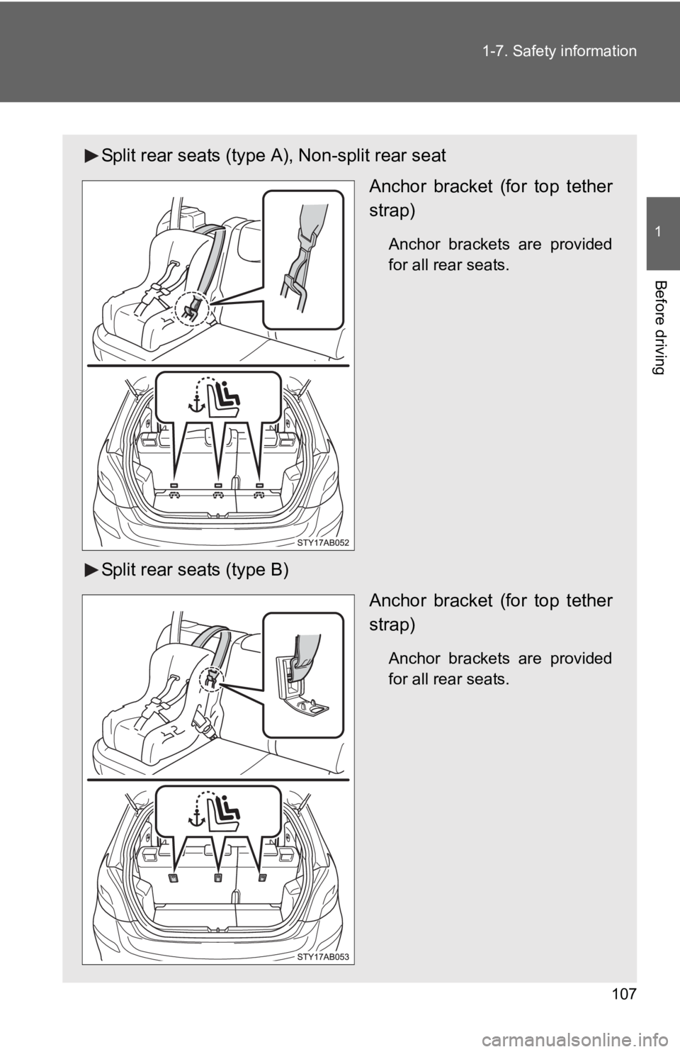 TOYOTA YARIS HATCHBACK 2010  Owners Manual 107
1-7. Safety information
1
Before driving
Split rear seats (type A), Non-split rear seat
Anchor bracket (for top tether
strap)
Anchor brackets are provided
for all rear seats.
Split rear seats (typ