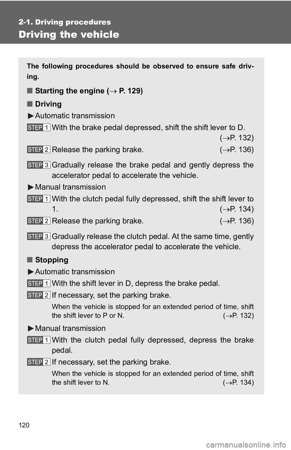 TOYOTA YARIS HATCHBACK 2010  Owners Manual 120
2-1. Driving procedures
Driving the vehicle
The following procedures should be observed to ensure safe driv-
ing.
■ Starting the engine ( → P. 129)
■ Driving
Automatic transmission
With the 