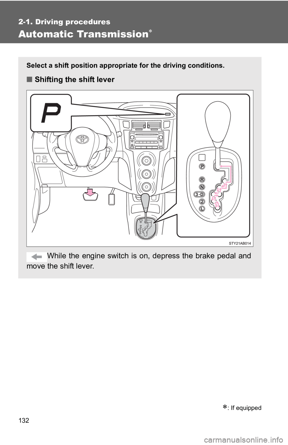 TOYOTA YARIS HATCHBACK 2010  Owners Manual 132
2-1. Driving procedures
Automatic Transmission∗
∗: If equipped
Select a shift position appropriate for the driving conditions.
■Shifting the shift lever
While the engine switch is  on, depre