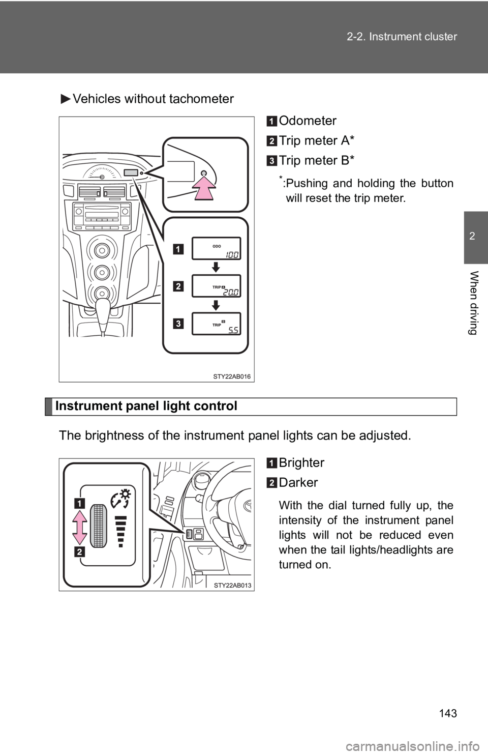 TOYOTA YARIS HATCHBACK 2010  Owners Manual 143
2-2. Instrument cluster
2
When driving
Vehicles without tachometer
Odometer
Trip meter A*
Trip meter B*
*:Pushing and holding the buttonwill reset the trip meter.
Instrument panel light control
Th