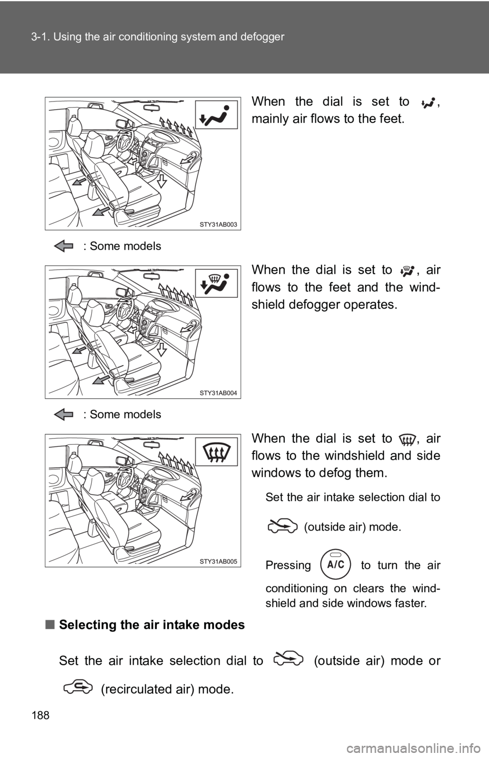 TOYOTA YARIS HATCHBACK 2010  Owners Manual 188 3-1. Using the air conditioning system and defogger
When the dial is set to  ,
mainly air flows to the feet.
: Some models
When the dial is set to  , air
flows to the feet and the wind-
shield def