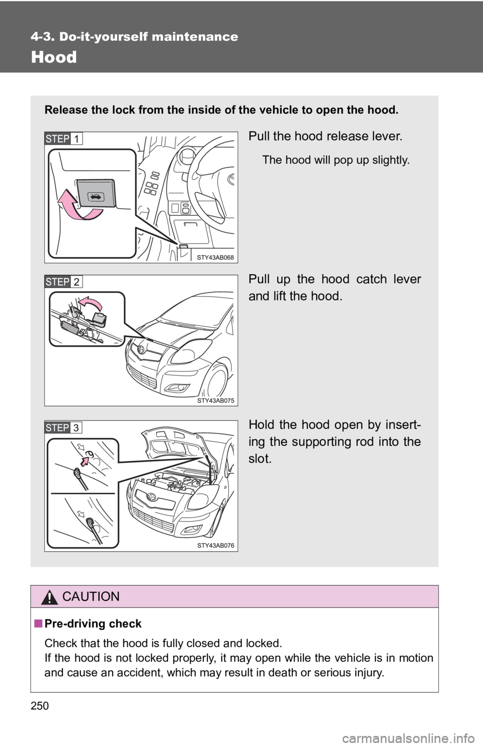 TOYOTA YARIS HATCHBACK 2010  Owners Manual 250
4-3. Do-it-yourself maintenance
Hood
CAUTION
■Pre-driving check
Check that the hood is fully closed and locked.
If the hood is not locked properly, it may open while the vehicle is in motion
and