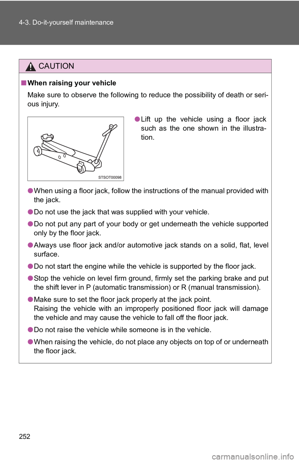 TOYOTA YARIS HATCHBACK 2010 Owners Manual 252 4-3. Do-it-yourself maintenance
CAUTION
■When raising your vehicle
Make sure to observe the following to reduce the possibility of death or\
seri-
ous injury.
●When using a floor jack, follow TOYOTA YARIS HATCHBACK 2010 Owners Manual 252 4-3. Do-it-yourself maintenance
CAUTION
■When raising your vehicle
Make sure to observe the following to reduce the possibility of death or\
seri-
ous injury.
●When using a floor jack, follow