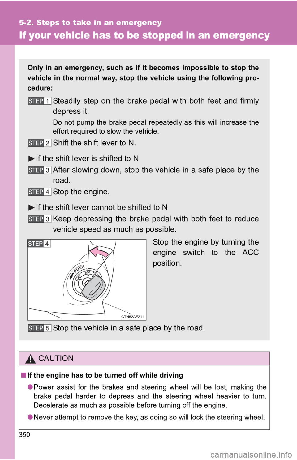 TOYOTA YARIS HATCHBACK 2010  Owners Manual 350
5-2. Steps to take in an emergency
If your vehicle has to be stopped in an emergency
CAUTION
■If the engine has to be turned off while driving
●Power assist for the brakes and steering wheel w