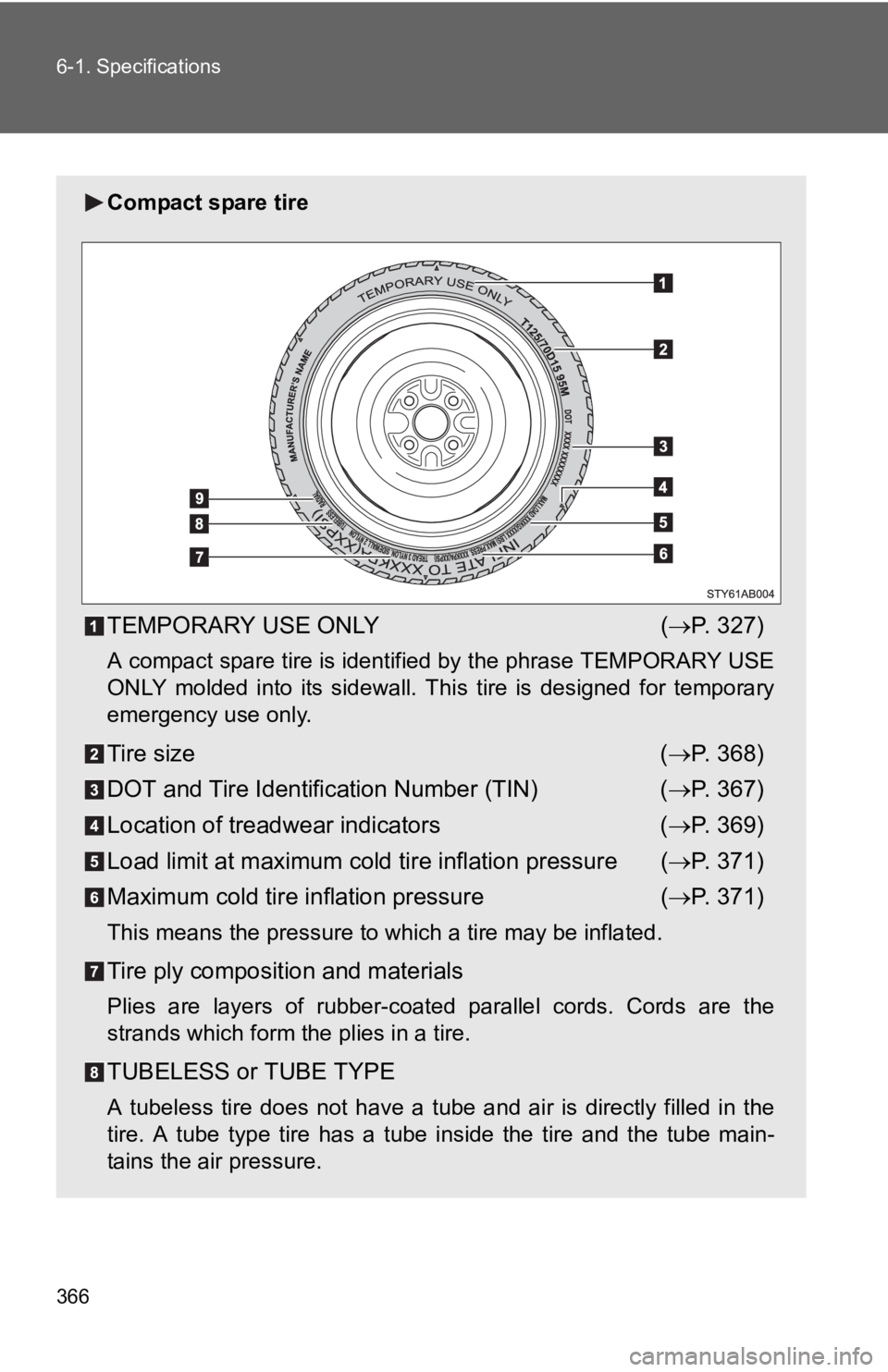 TOYOTA YARIS HATCHBACK 2010  Owners Manual 366 6-1. Specifications
Compact spare tire
TEMPORARY USE ONLY(→ P. 327)
A compact spare tire is identified by the phrase TEMPORARY USE
ONLY molded into its sidewall. Th is tire is designed for tempo