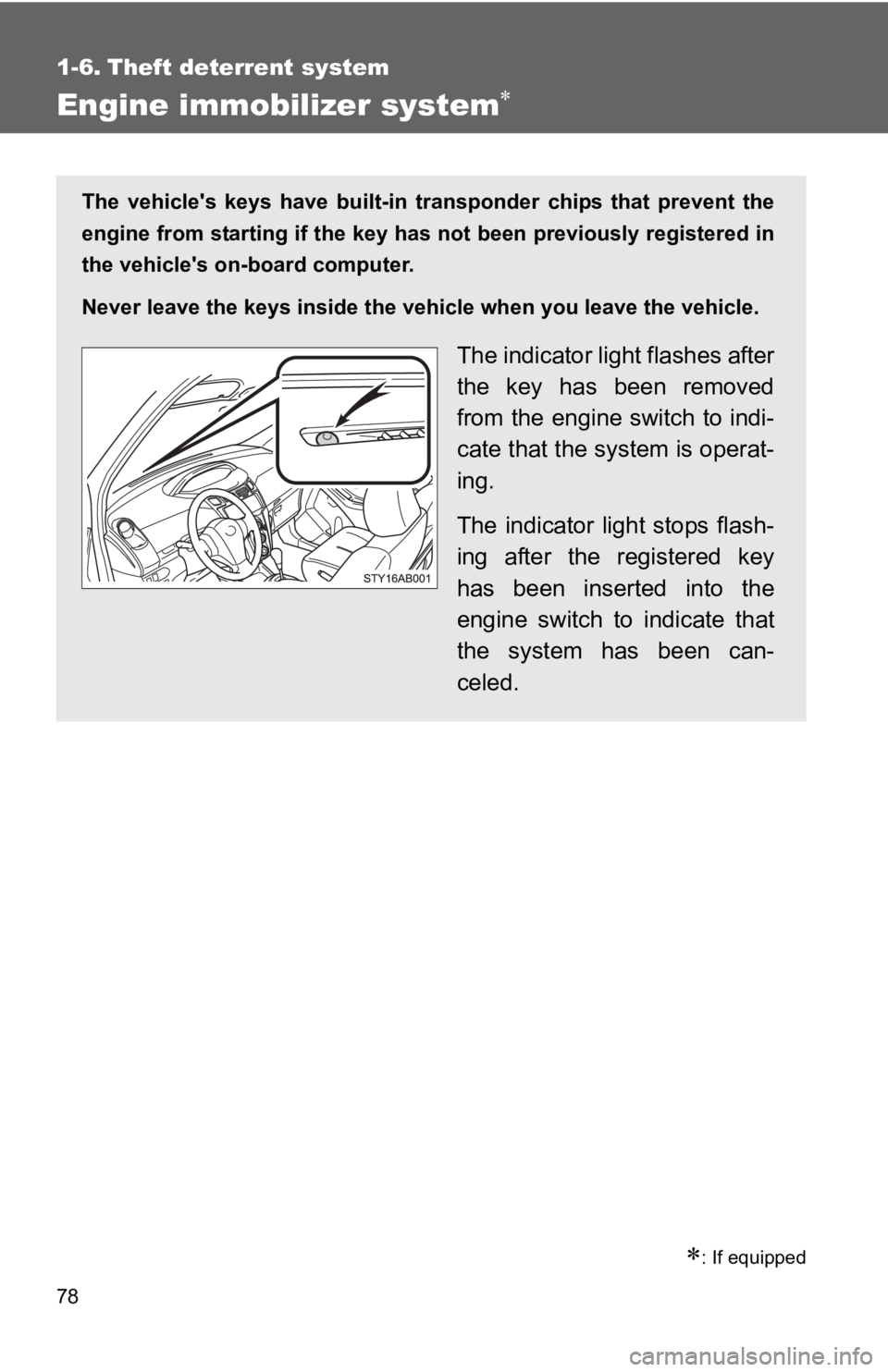 TOYOTA YARIS HATCHBACK 2010  Owners Manual 78
1-6. Theft deterrent system
Engine immobilizer system∗
∗: If equipped
The vehicles keys have built-in transponder chips that prevent the
engine from starting if the key has  not been previousl