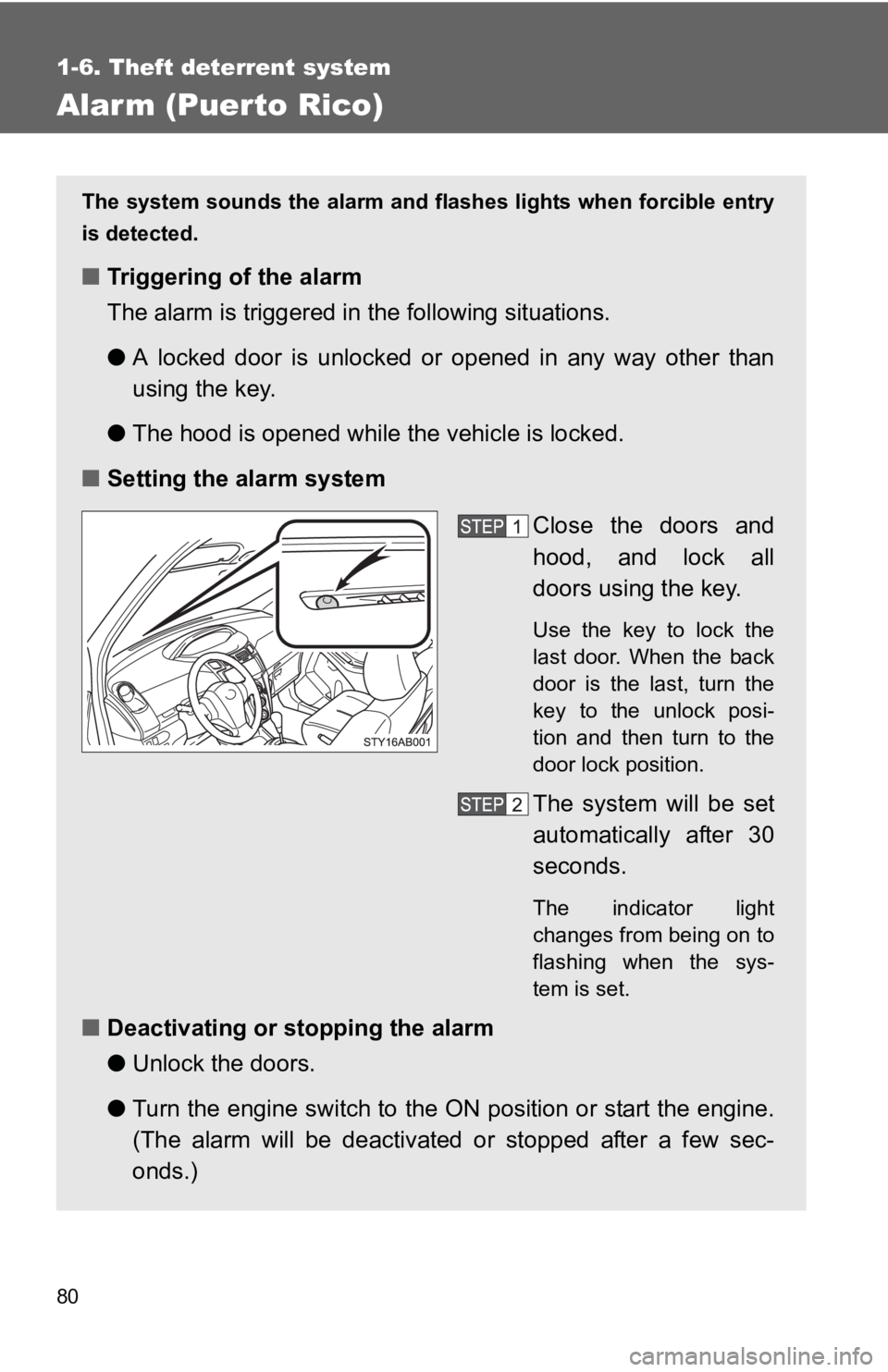 TOYOTA YARIS HATCHBACK 2010  Owners Manual 80
1-6. Theft deterrent system
Alarm (Puerto Rico)
The system sounds the alarm and flashes lights when forcible entry
is detected.
■ Triggering of the alarm
The alarm is triggered in the following s