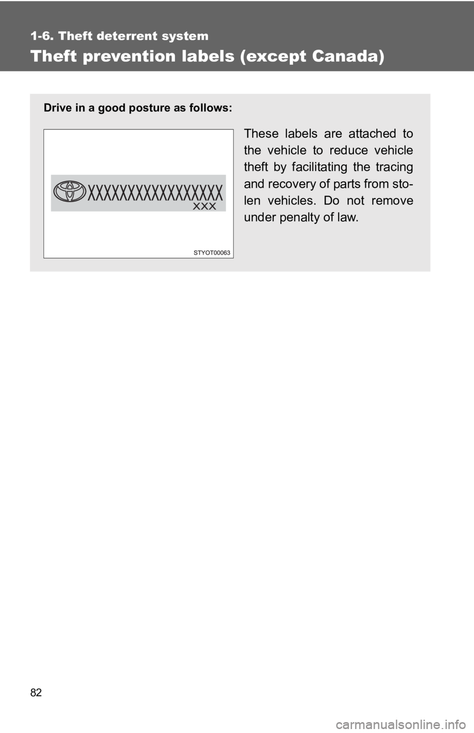 TOYOTA YARIS HATCHBACK 2010  Owners Manual 82
1-6. Theft deterrent system
Theft prevention labels (except Canada)
Drive in a good posture as follows:
These labels are attached to
the vehicle to reduce vehicle
theft by facilitating the tracing
