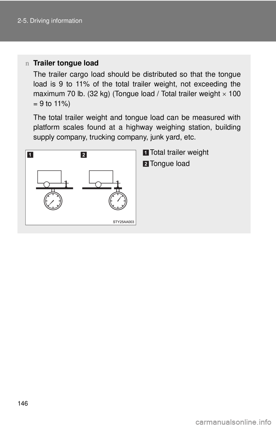 TOYOTA YARIS SEDAN 2008  Owners Manual 146 2-5. Driving information
nTrailer tongue load
The trailer cargo load should be  distributed so that the tongue
load is 9 to 11% of the total trailer weight, not exceeding the
maximum 70 lb. (32 kg