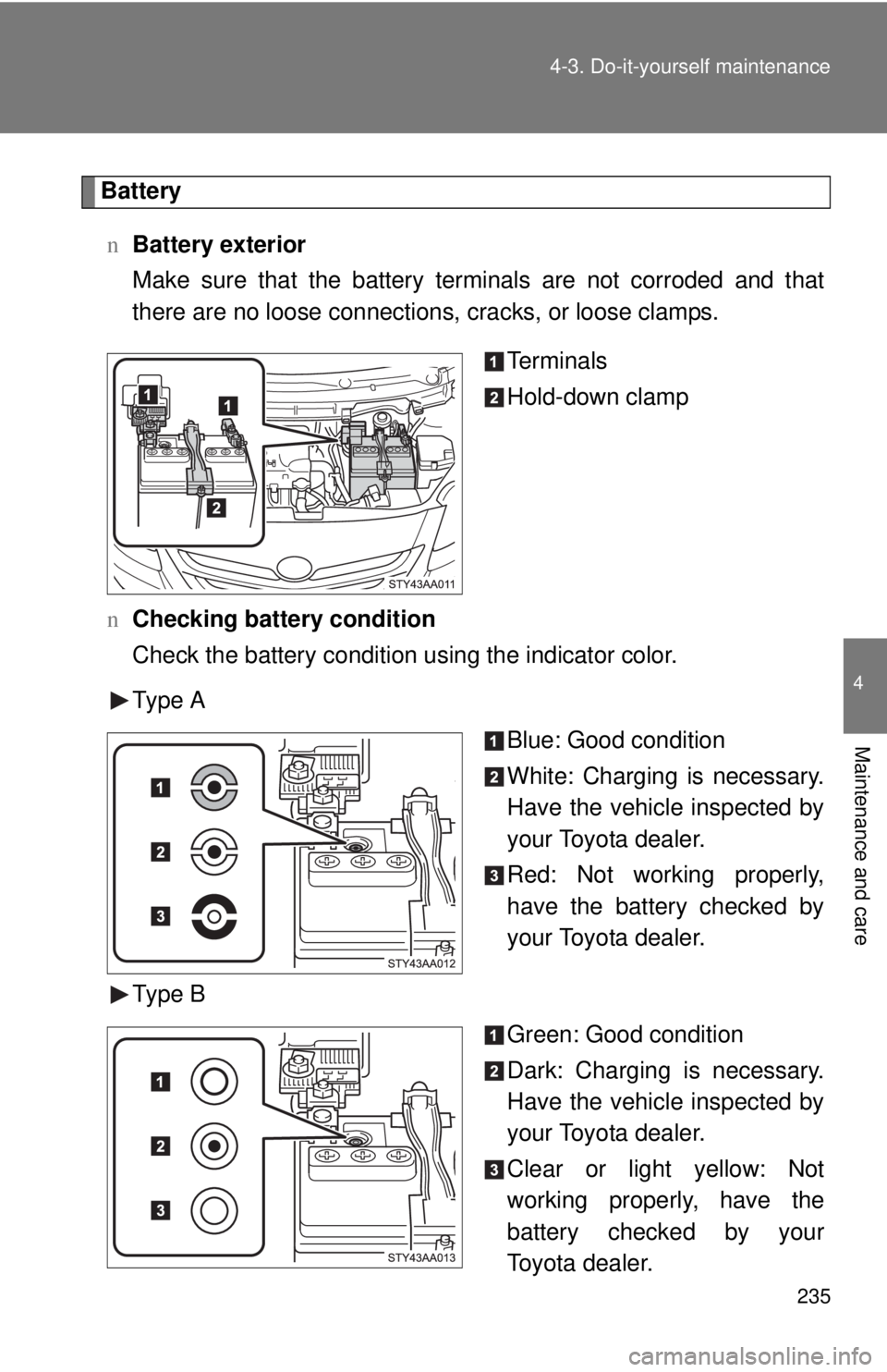 TOYOTA YARIS SEDAN 2008  Owners Manual 235
4-3. Do-it-yourself maintenance
4
Maintenance and care
Battery
n Battery exterior
Make sure that the battery terminals are not corroded and that
there are no loose connections,  cracks, or loose c