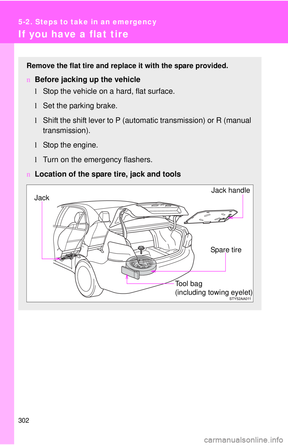 TOYOTA YARIS SEDAN 2008  Owners Manual 302
5-2. Steps to take in an emergency
If you have a flat tire
Remove the flat tire and replace it with the spare provided.
nBefore jacking up the vehicle
lStop the vehicle on a hard, flat surface.
l 