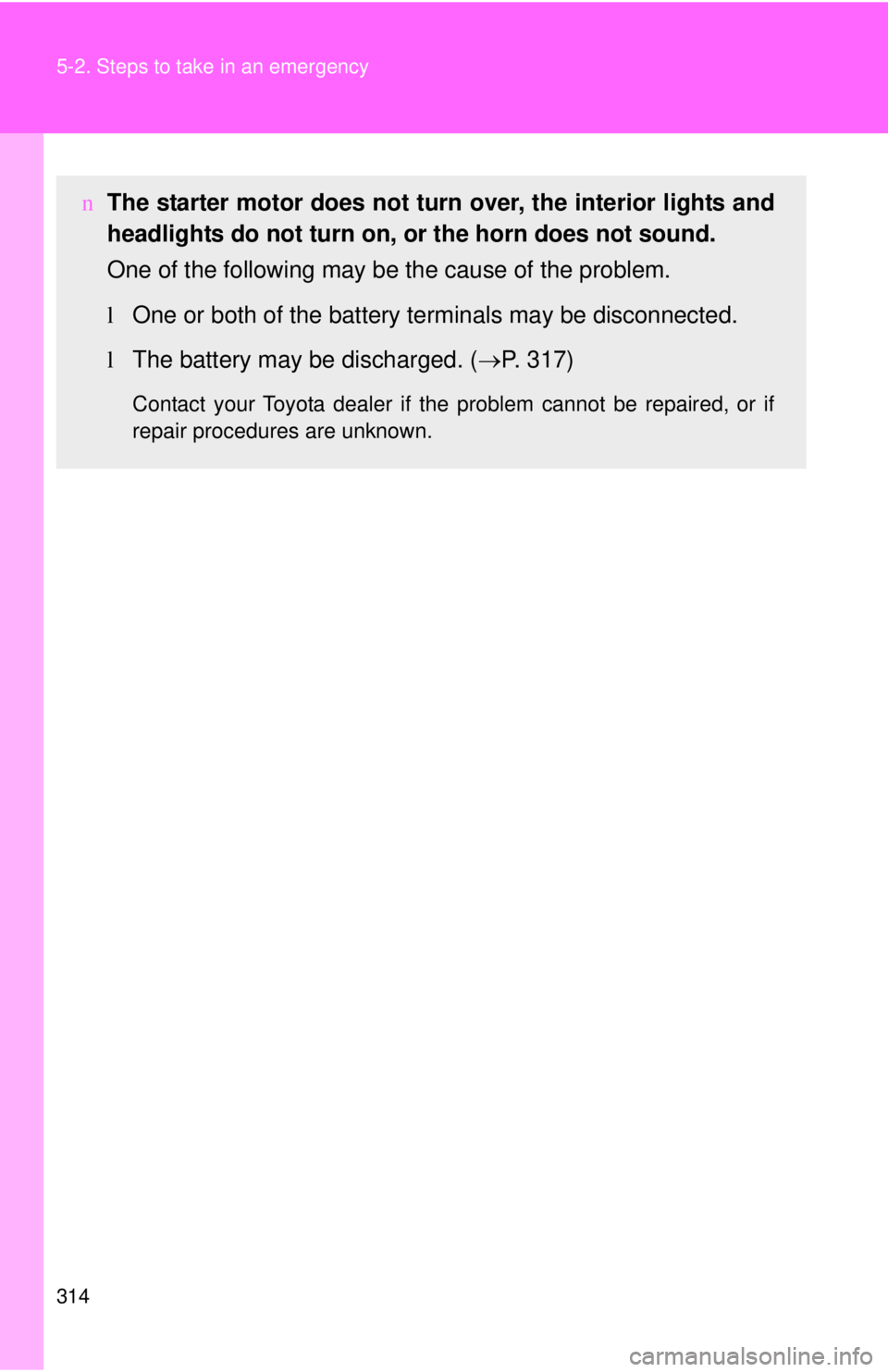 TOYOTA YARIS SEDAN 2008  Owners Manual 314 5-2. Steps to take in an emergency
nThe starter motor does not turn  over, the interior lights and
headlights do not turn on, or the horn does not sound.
One of the following may be the cause of t
