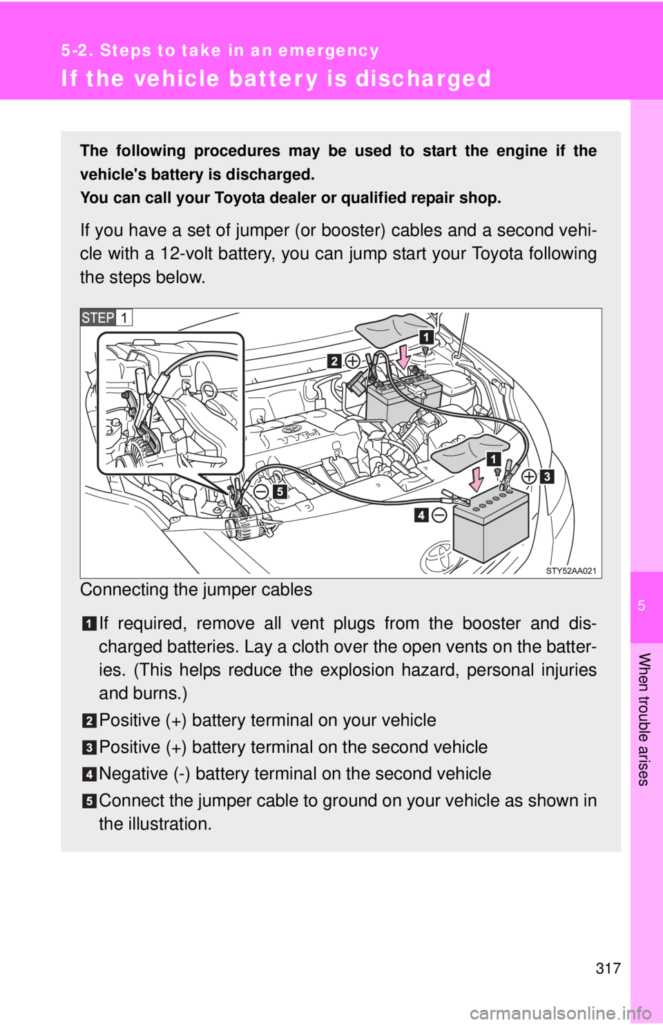 TOYOTA YARIS SEDAN 2008  Owners Manual 5
When trouble arises
317
5-2. Steps to take in an emergency
If the vehicle batter y is discharged
The following procedures may be used to start the engine if the
vehicles battery is discharged.
You 