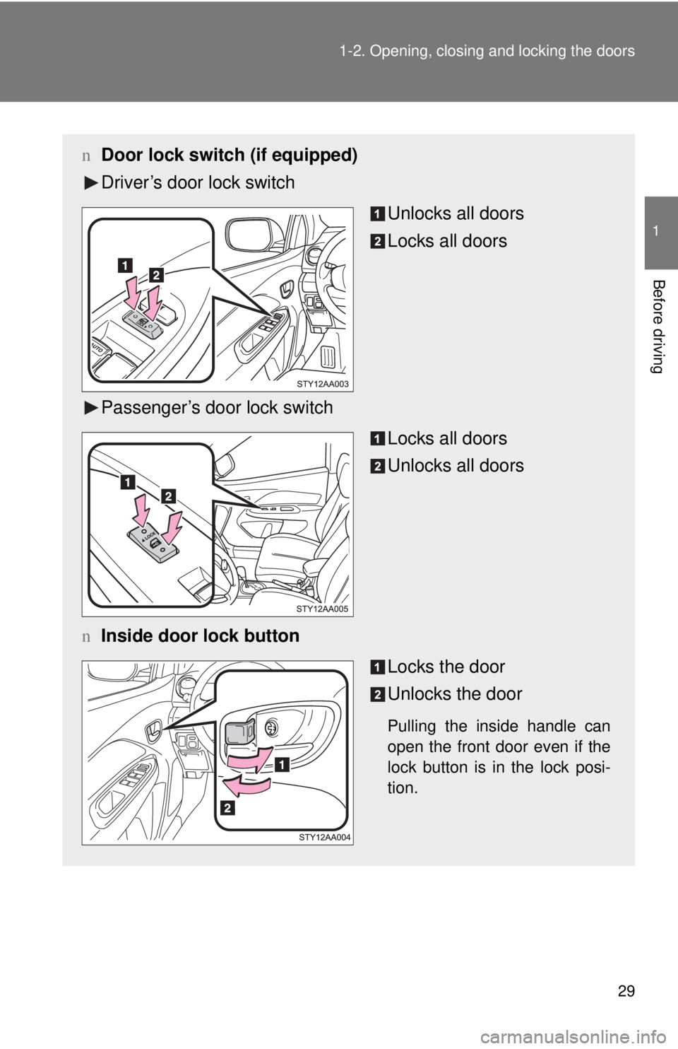 TOYOTA YARIS SEDAN 2008  Owners Manual 29
1-2. Opening, closing and locking the doors
1
Before driving
n
Door lock switch (if equipped)
Driver’s door lock switch
Unlocks all doors
Locks all doors
Passenger’s door lock switch Locks all 