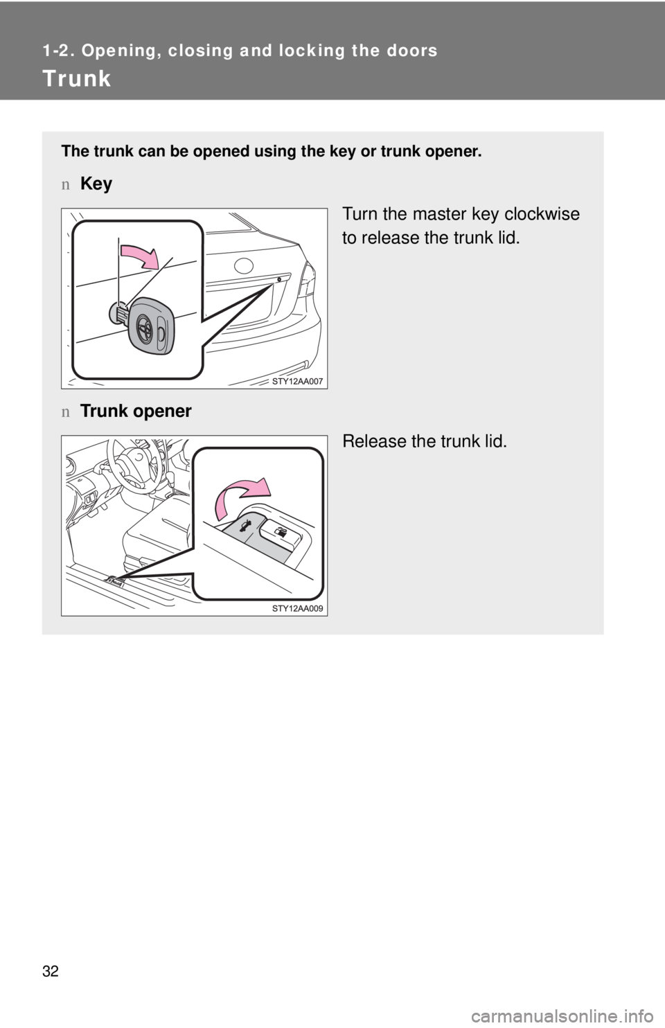 TOYOTA YARIS SEDAN 2008  Owners Manual 32
1-2. Opening, closing and locking the doors
Trunk
The trunk can be opened using the key or trunk opener.
nKey
Turn the master key clockwise
to release the trunk lid.
n Trunk opener
Release the trun