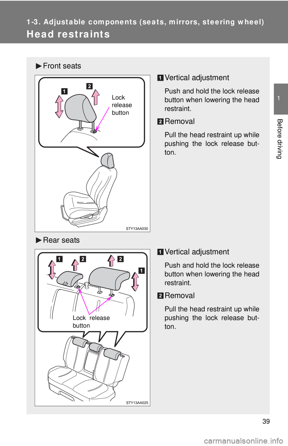 TOYOTA YARIS SEDAN 2008  Owners Manual 39
1
1-3. Adjustable components (seats, mirrors, steering wheel)
Before driving
Head restraints
Front seatsVertical adjustment
Push and hold the lock release
button when lowering the head
restraint.
R