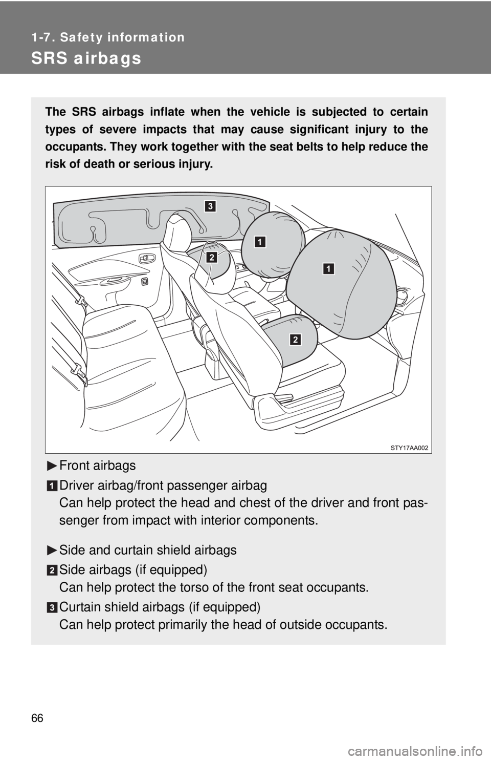 TOYOTA YARIS SEDAN 2008  Owners Manual 66
1-7. Safety information
SRS airbags
The SRS airbags inflate when the vehicle is subjected to certain
types of severe impacts that may  cause significant injury to the
occupants. They work together 