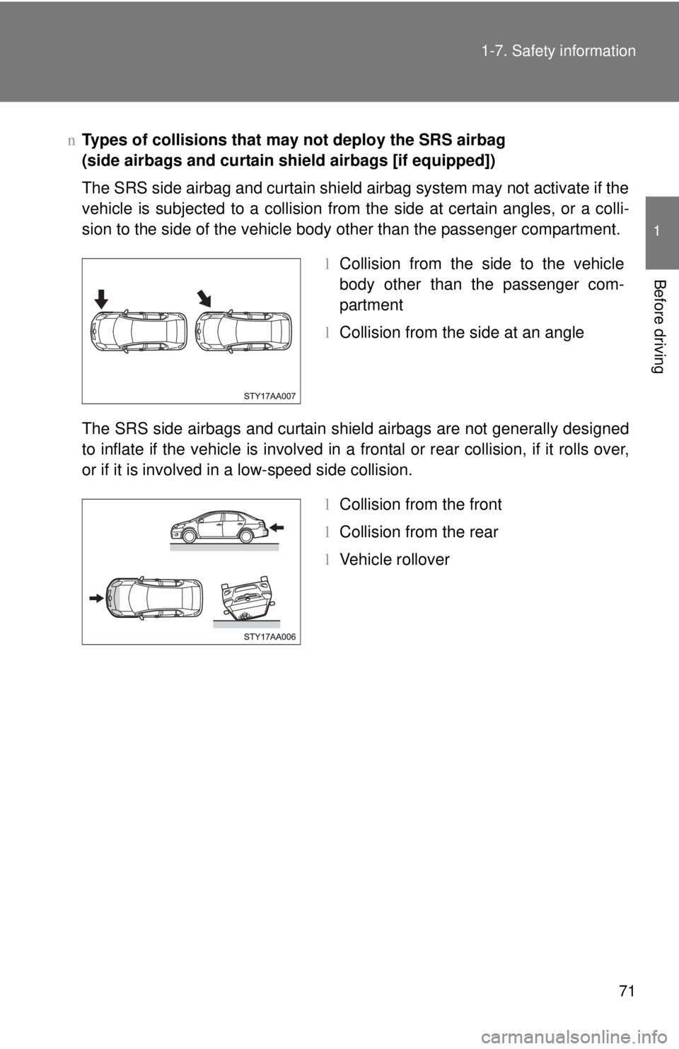 TOYOTA YARIS SEDAN 2008  Owners Manual 71
1-7. Safety information
1
Before driving
n
Types of collisions that may  not deploy the SRS airbag 
(side airbags and curtain shield airbags [if equipped])
The SRS side airbag and curtain shield ai