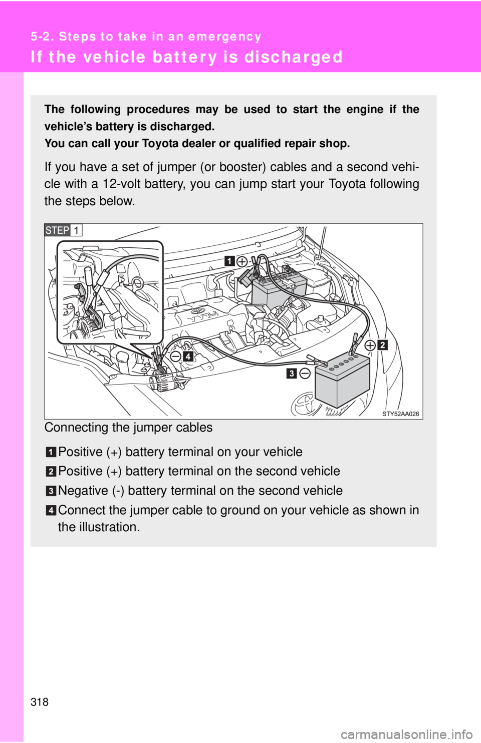 TOYOTA YARIS SEDAN 2009  Owners Manual 318
5-2. Steps to take in an emergency
If the vehicle batter y is discharged
The following procedures may be used to start the engine if the
vehicle’s battery is discharged.
You can call your Toyota