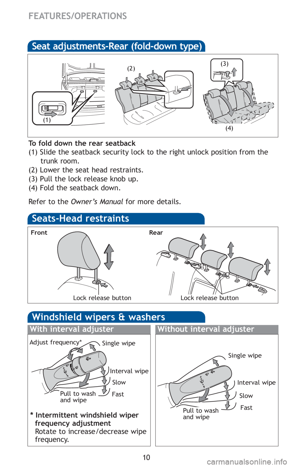 TOYOTA YARIS SEDAN 2010  Owners Manual 10
FEATURES/OPERATIONS
Seats-Head restraints
Lock release button
Front
Seat adjustments-Rear (fold-down type)
To fold down the rear seatback
(1) Slide the seatback security lock to the right unlock po