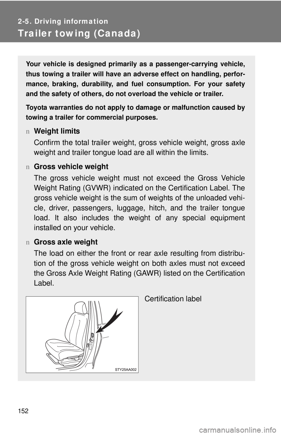 TOYOTA YARIS SEDAN 2010 Owners Manual 152
2-5. Driving information
Trailer towing (Canada)
Your vehicle is designed primarily as a passenger-carrying vehicle,
thus towing a trailer will have an ad verse effect on handling, perfor-
mance, TOYOTA YARIS SEDAN 2010 Owners Manual 152
2-5. Driving information
Trailer towing (Canada)
Your vehicle is designed primarily as a passenger-carrying vehicle,
thus towing a trailer will have an ad verse effect on handling, perfor-
mance,