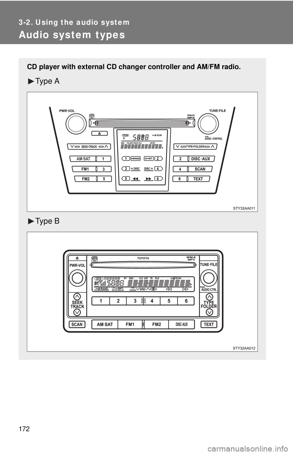 TOYOTA YARIS SEDAN 2010  Owners Manual 172
3-2. Using the audio system
Audio system types
CD player with external CD changer controller and AM/FM radio.
Ty p e  A
Ty p e  B 