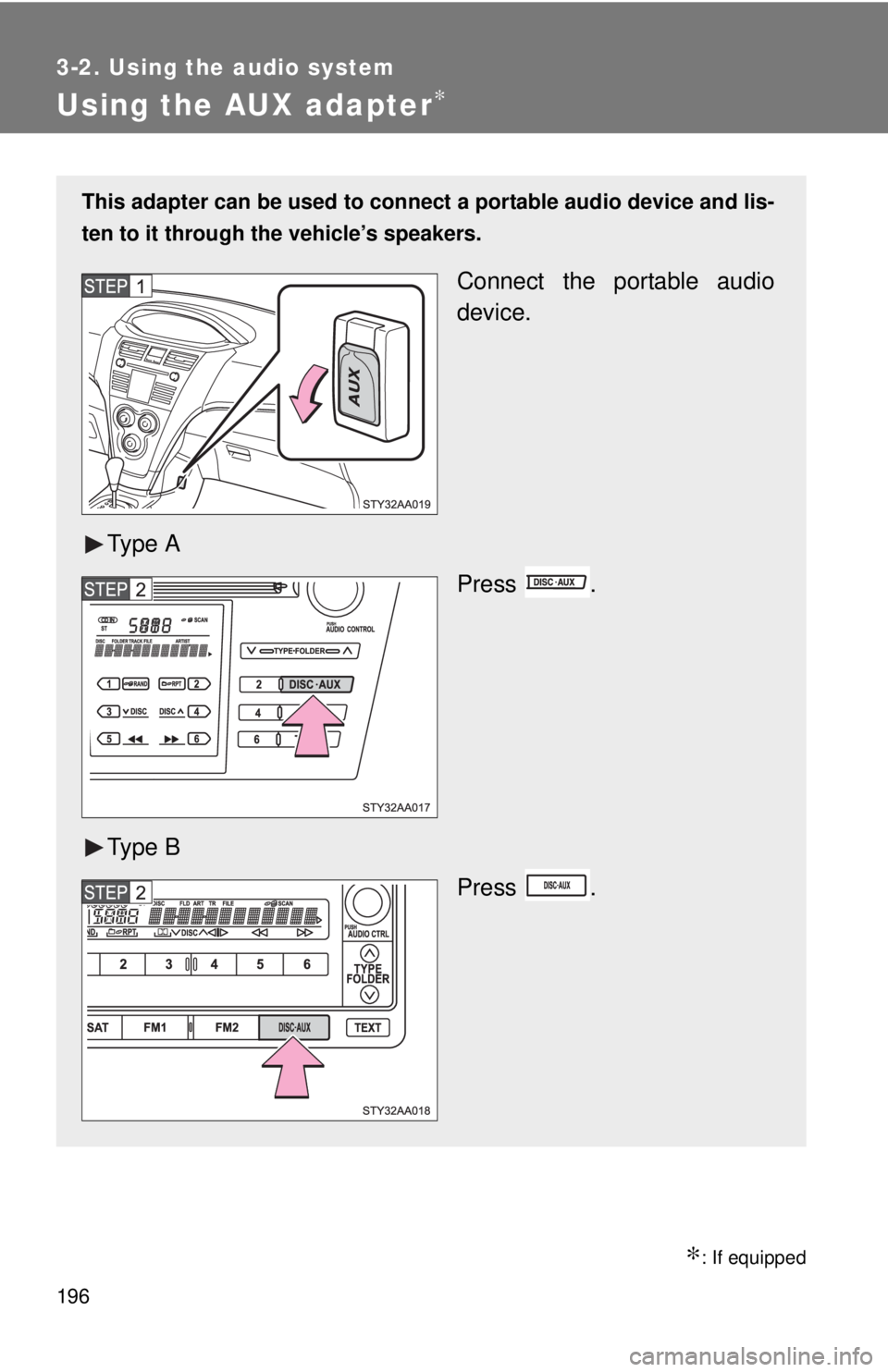 TOYOTA YARIS SEDAN 2010  Owners Manual 196
3-2. Using the audio system
Using the AUX adapter∗
∗: If equipped
This adapter can be used to connect a portable audio device and lis-
ten to it through the vehicle’s speakers.
Connect the p