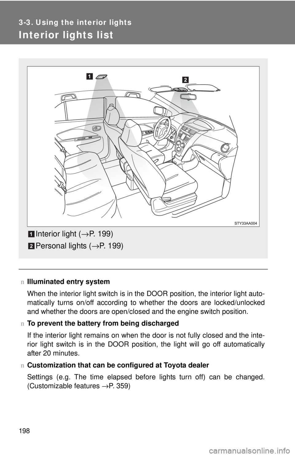 TOYOTA YARIS SEDAN 2010  Owners Manual 198
3-3. Using the interior lights
Interior lights list
nIlluminated entry system
When the interior light switch is in the DOOR position, the interior light auto-
matically turns on/off according to w