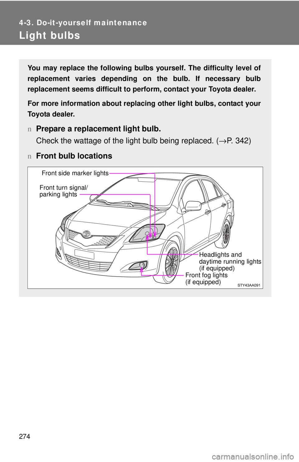 TOYOTA YARIS SEDAN 2010  Owners Manual 274
4-3. Do-it-yourself maintenance
Light bulbs
You may replace the following bulbs yourself. The difficulty level of
replacement varies depending on the bulb. If necessary bulb
replacement seems diff