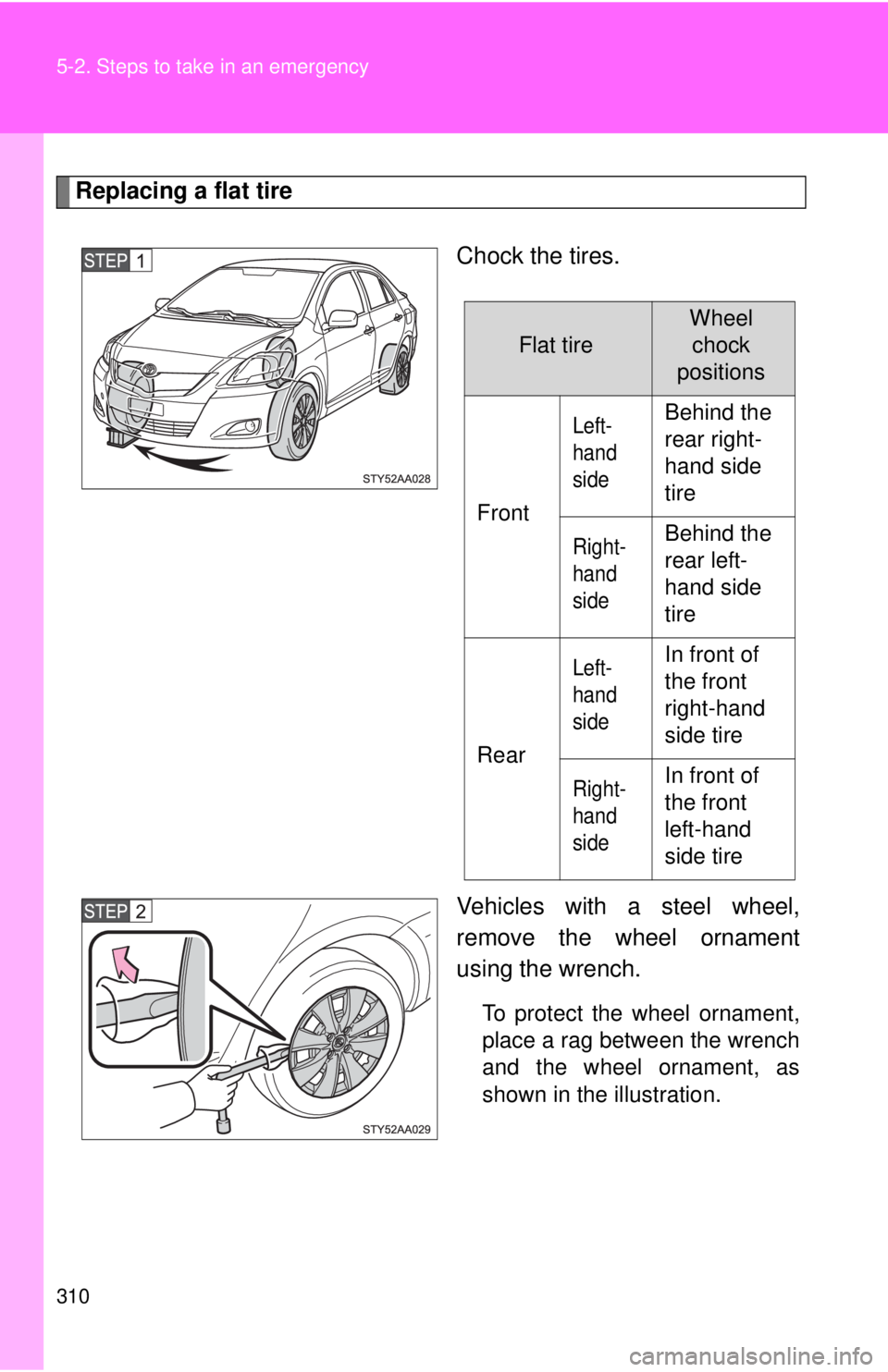 TOYOTA YARIS SEDAN 2010  Owners Manual 310 5-2. Steps to take in an emergency
Replacing a flat tireChock the tires.
Vehicles with a steel wheel,
remove the wheel ornament
using the wrench.
To protect the wheel ornament,
place a rag between