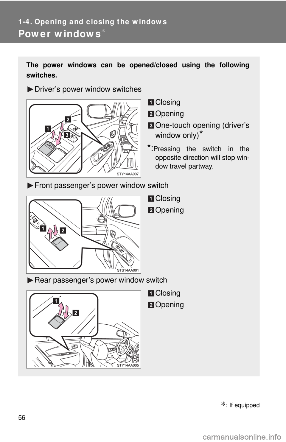 TOYOTA YARIS SEDAN 2010  Owners Manual 56
1-4. Opening and closing the windows
Power windows∗
∗: If equipped
The power windows can be opened/closed using the following
switches.
Driver’s power window switchesClosing
Opening
One-touch