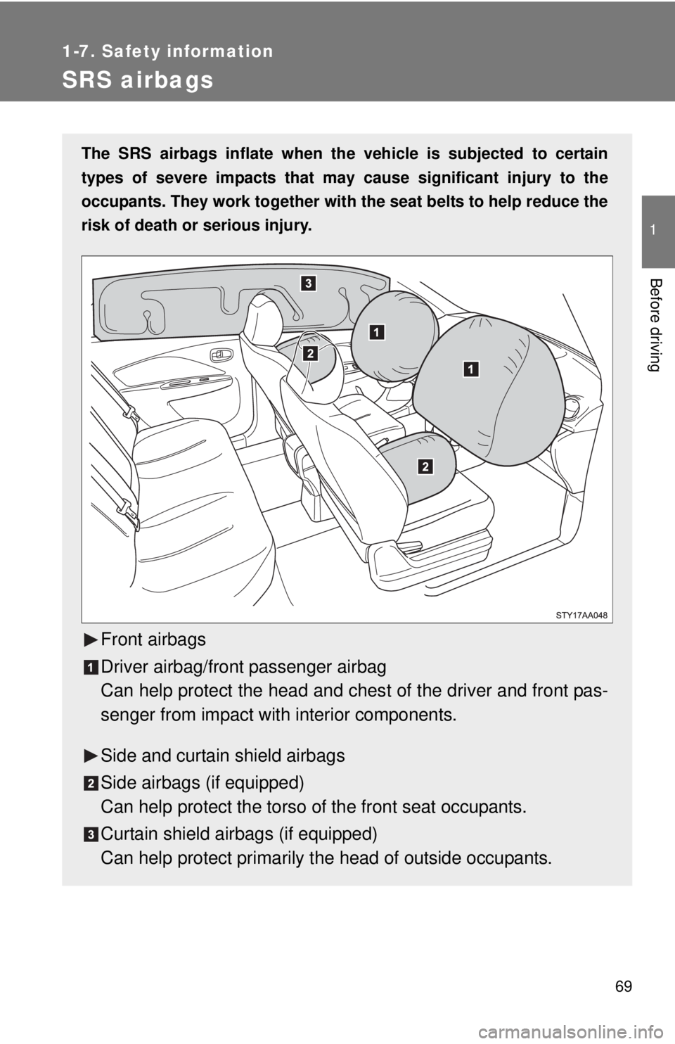 TOYOTA YARIS SEDAN 2010  Owners Manual 69
1
1-7. Safety information
Before driving
SRS airbags
The SRS airbags inflate when the vehicle is subjected to certain
types of severe impacts that may  cause significant injury to the
occupants. Th