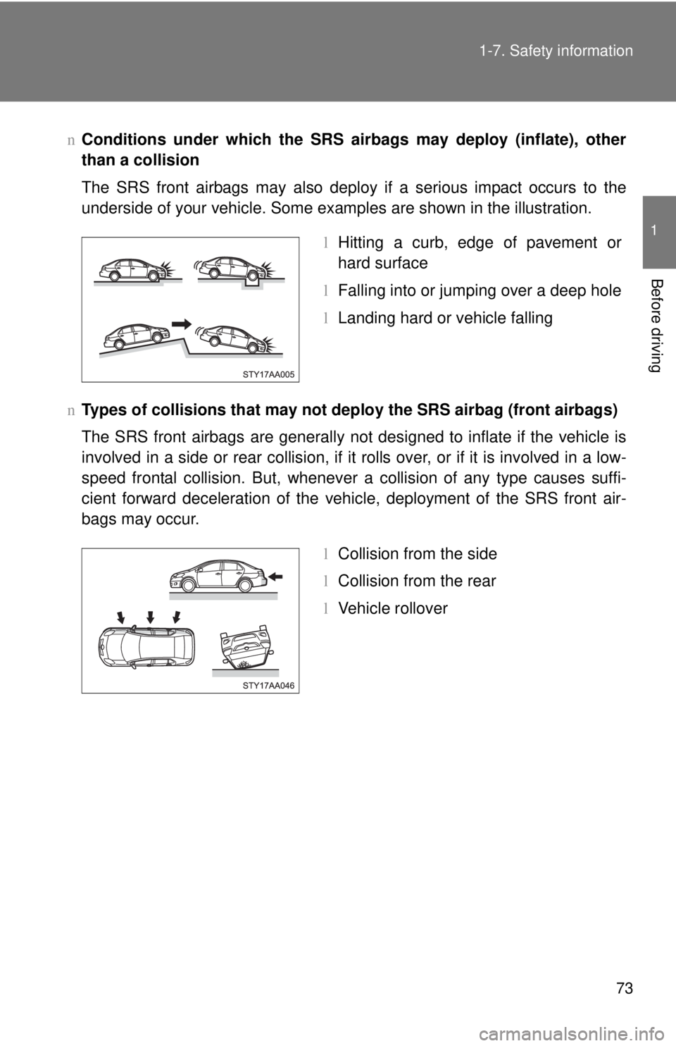 TOYOTA YARIS SEDAN 2010  Owners Manual 73
1-7. Safety information
1
Before driving
n
Conditions under which the SRS airbags may deploy (inflate), other
than a collision
The SRS front airbags may also deploy if a serious impact occurs to th