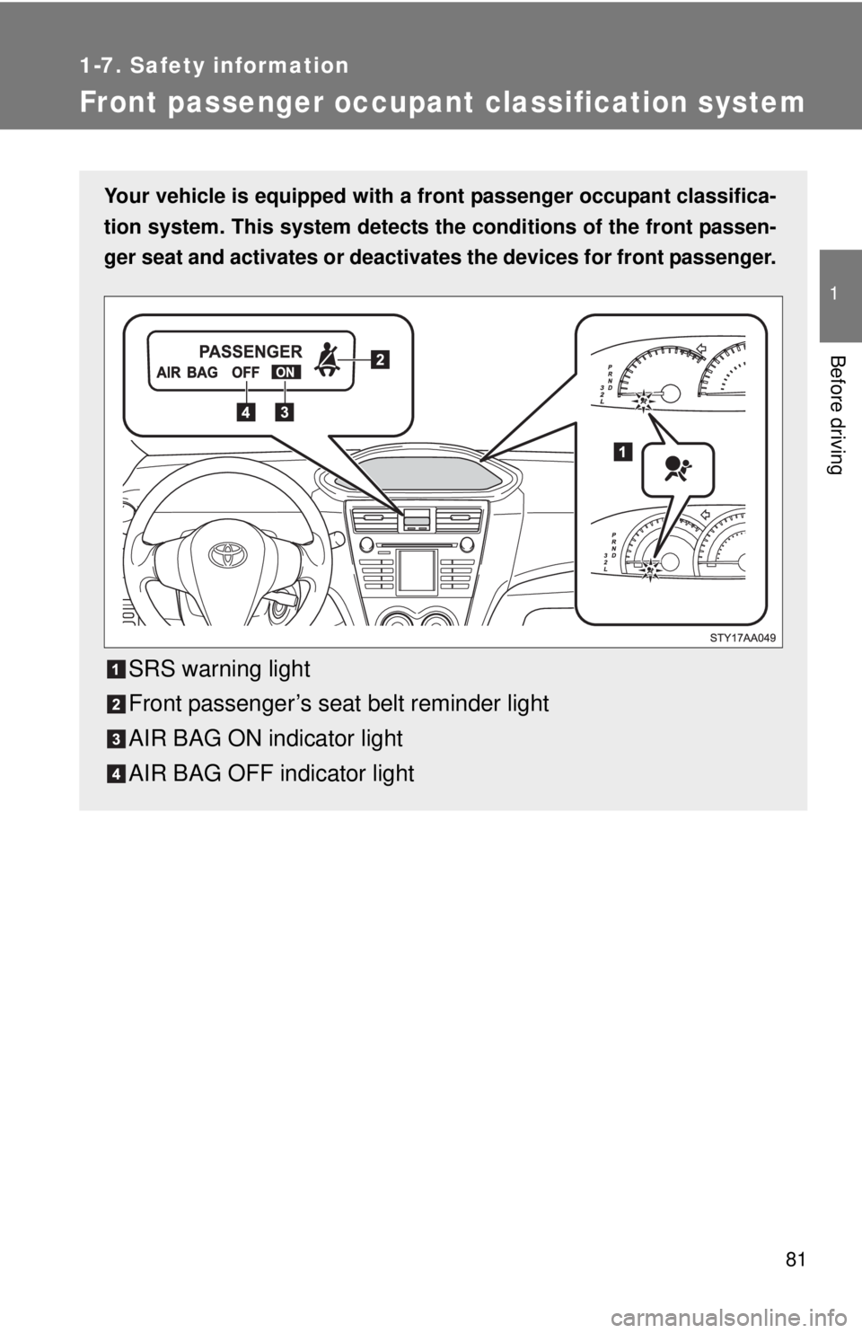 TOYOTA YARIS SEDAN 2010  Owners Manual 81
1
1-7. Safety information
Before driving
Front passenger occupant classification system
Your vehicle is equipped with a front passenger occupant classifica-
tion system. This system detects the  co