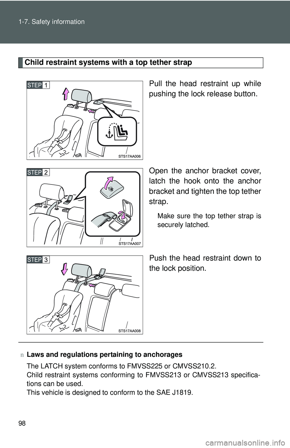 TOYOTA YARIS SEDAN 2011  Owners Manual 98 1-7. Safety information
Child restraint systems with a top tether strapPull the head restraint up while
pushing the lock release button.
Open the anchor bracket cover,
latch the hook onto the ancho
