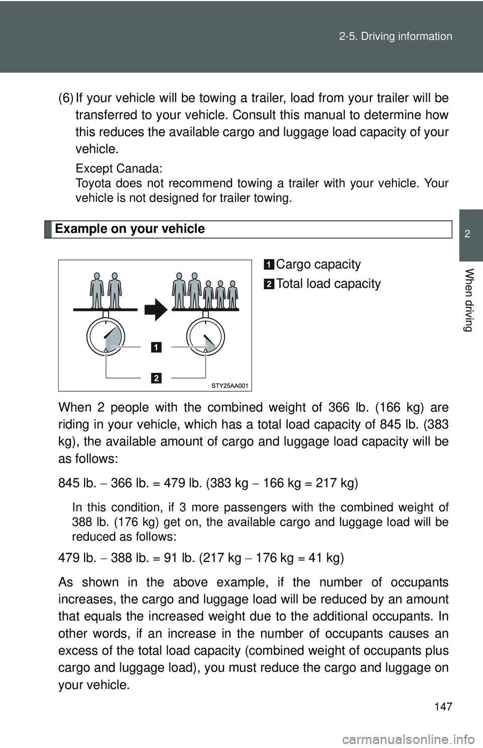TOYOTA YARIS SEDAN 2011 Owners Manual 147
2-5. Driving information
2
When driving
(6) If your vehicle will be towing a tr
ailer, load from your trailer will be
transferred to your vehicle. Consult this manual to determine how
this reduces TOYOTA YARIS SEDAN 2011 Owners Manual 147
2-5. Driving information
2
When driving
(6) If your vehicle will be towing a tr
ailer, load from your trailer will be
transferred to your vehicle. Consult this manual to determine how
this reduces