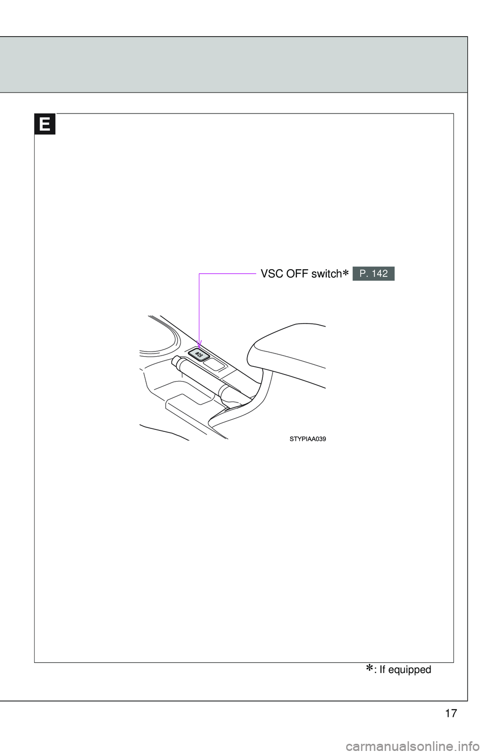 TOYOTA YARIS SEDAN 2011  Owners Manual 17
∗: If equipped
VSC OFF switch∗ P. 142 