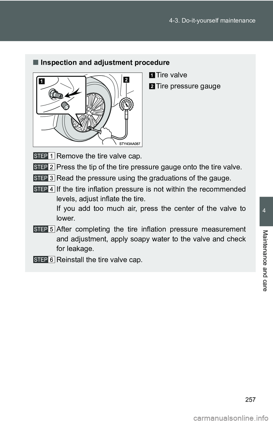 TOYOTA YARIS SEDAN 2011  Owners Manual 257
4-3. Do-it-yourself maintenance
4
Maintenance and care
■
Inspection and adjustment procedure
Tire valve
Tire pressure gauge
Remove the tire valve cap.
Press the tip of the tire pressure gauge on