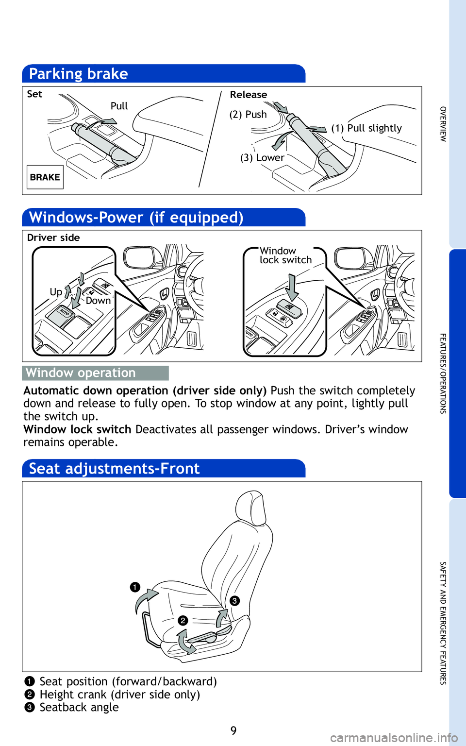 TOYOTA YARIS SEDAN 2011  Owners Manual 9
OVERVIEW
FEATURES/OPERATIONS
SAFETY AND EMERGENCY FEATURES
hift
ays
Seat position (forward/backward)
Height crank (driver side only)
Seatback angle
Window
lock switch
Up
Driver side
Down
Pull (\f) P