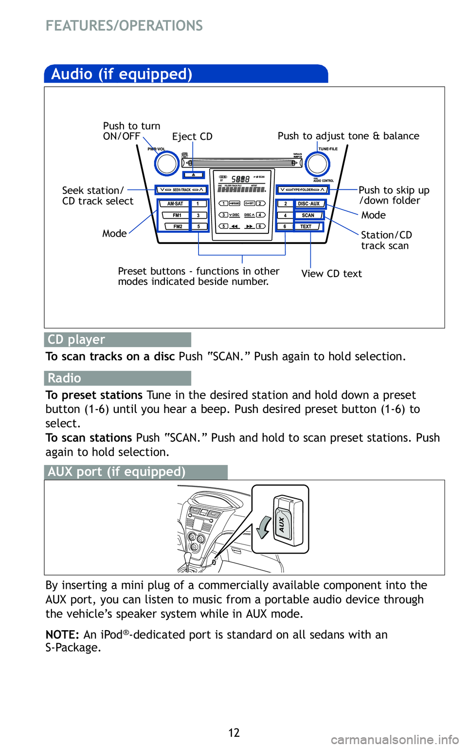 TOYOTA YARIS SEDAN 2011  Owners Manual 1\f
FEATURES/OPERATIONS
Audio(ifequipped)
Eject CD
Push
toturn
ON/OFF Push
toadjust tone&balance
Seek station/
CD track select
Station/CD
trackscan
Mode
Preset buttons �functions inother
modes indicat