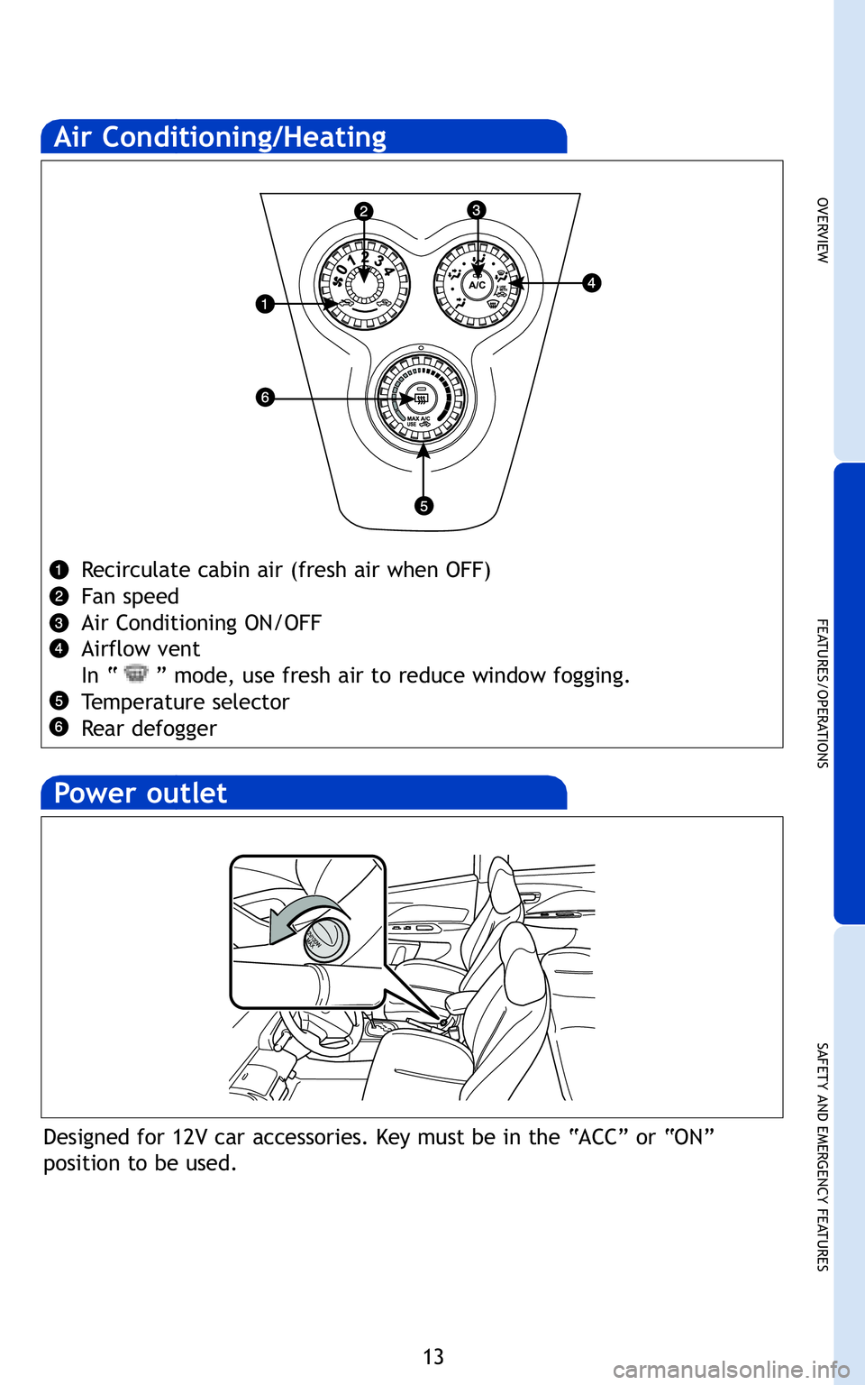 TOYOTA YARIS SEDAN 2011  Owners Manual 13
OVERVIEW
FEATURES/OPERATIONS
SAFETY AND EMERGENCY FEATURES
Push
up
Recirculate cabin air (fresh air when OFF)
Fan speed
Air Conditioning ON/OFF
Airflow vent
In “ ” mode, use fresh air to reduce