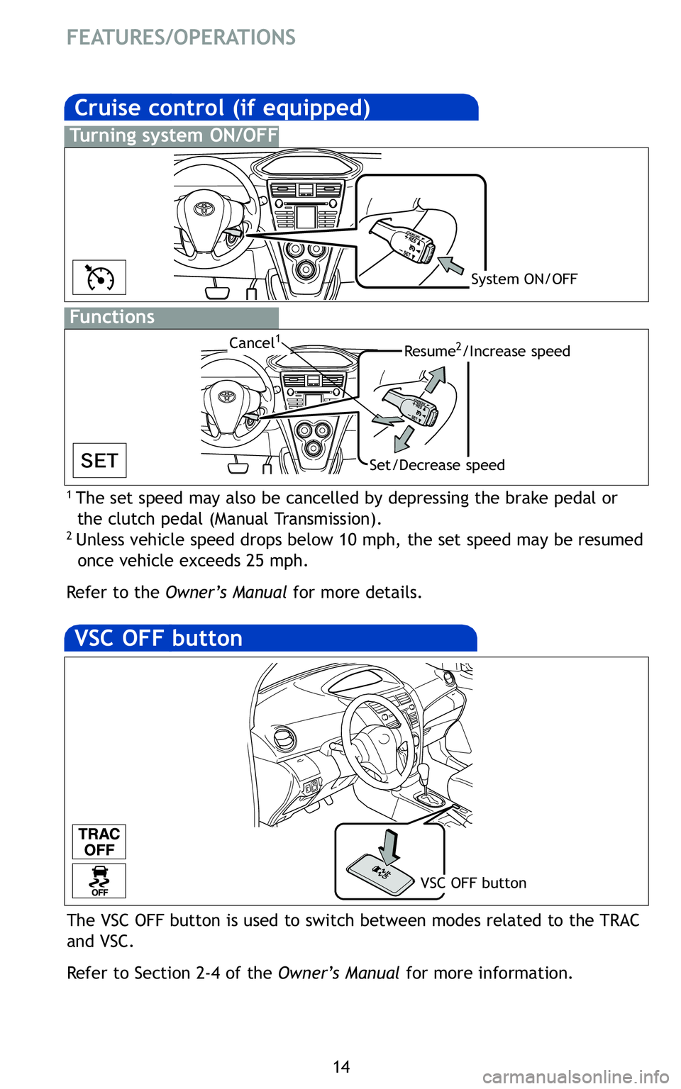 TOYOTA YARIS SEDAN 2011  Owners Manual 14
FEATURES/OPERATIONS
1The set speed may also be cancelled by depressing the brake pedal orthe clutch pedal (Manual Transmission)\b
\fUnless vehicle speed drops below 10 mph, the set speed may be res