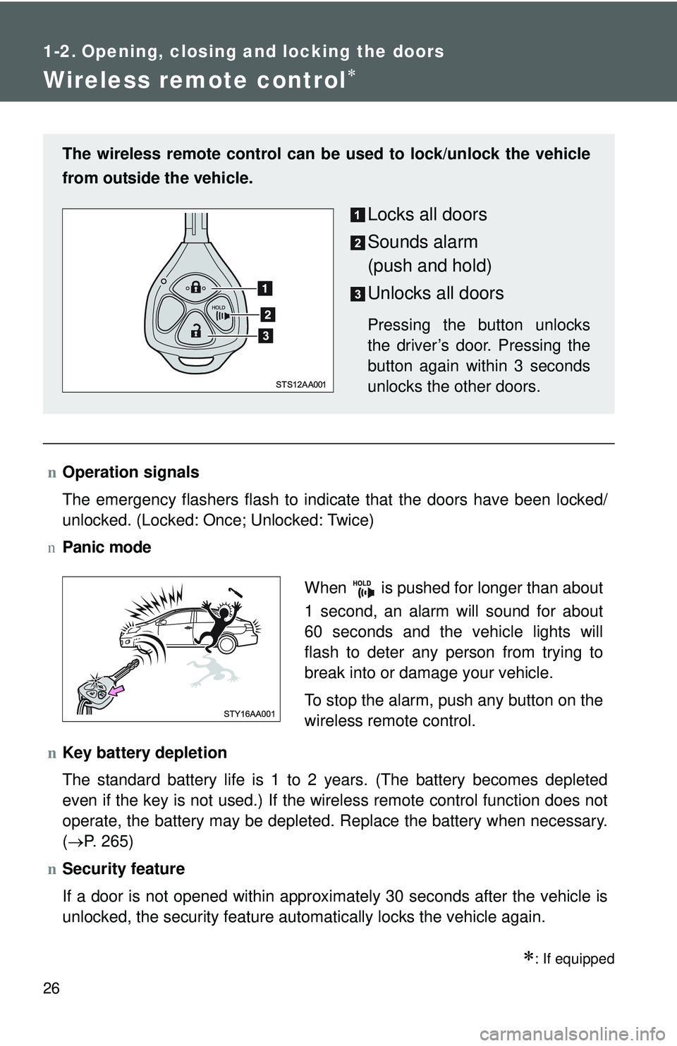TOYOTA YARIS SEDAN 2011  Owners Manual 26
1-2. Opening, closing and locking the doors
Wireless remote control∗
∗: If equipped
nOperation signals
The emergency flashers flash to indicate that the doors have been locked/
unlocked. (Locke