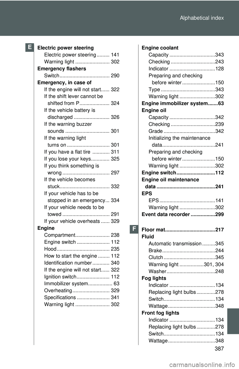 TOYOTA YARIS SEDAN 2011  Owners Manual 387
Alphabetical index
Electric power steering
Electric power steering ......... 141
Warning light ........................ 302
Emergency flashers  Switch ................................... 290
Emerg