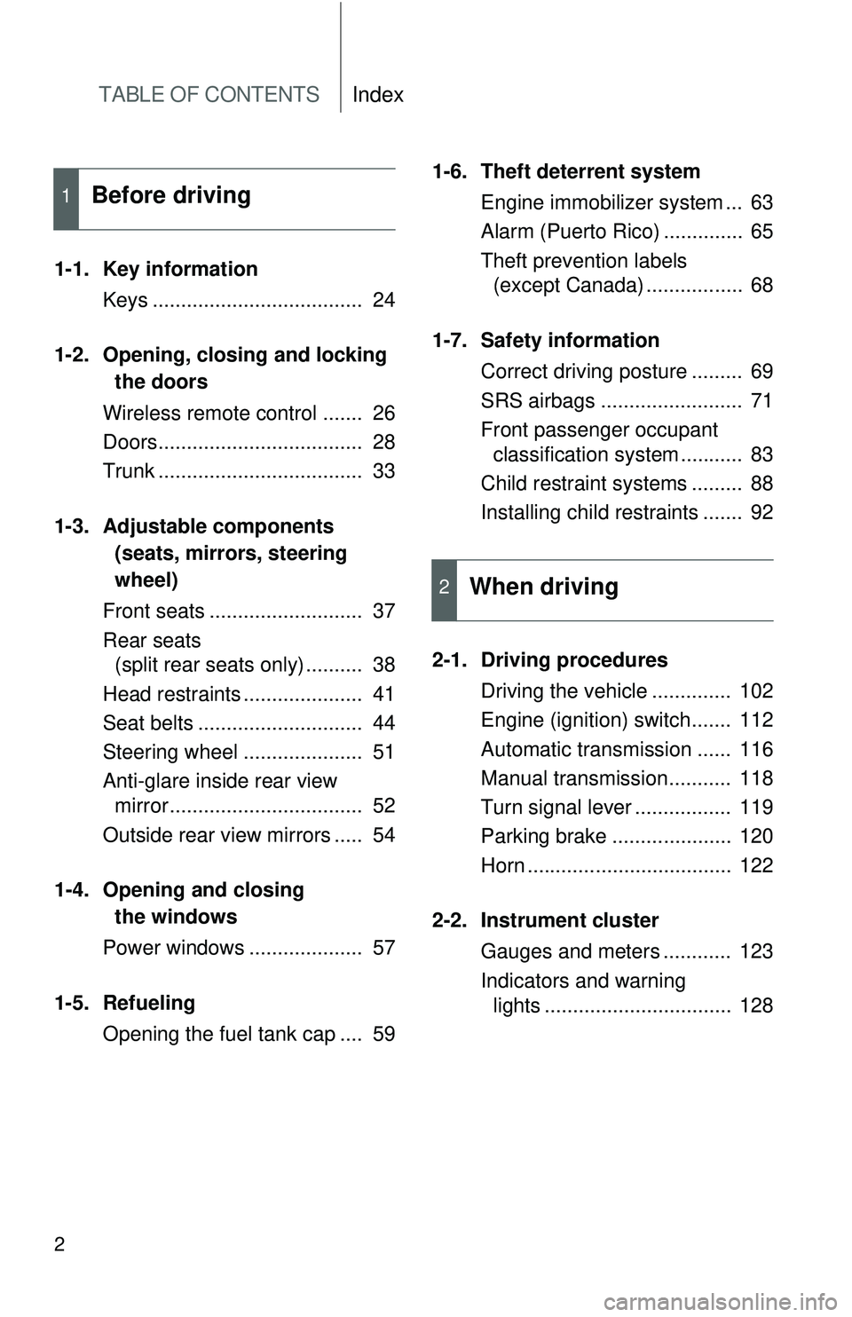 TOYOTA YARIS SEDAN 2011 Owners Manual TABLE OF CONTENTSIndex
2
1-1. Key informationKeys ..................................... 24
1-2. Opening, closing and locking the doors
Wireless remote control ....... 26
Doors...................... TOYOTA YARIS SEDAN 2011 Owners Manual TABLE OF CONTENTSIndex
2
1-1. Key informationKeys ..................................... 24
1-2. Opening, closing and locking the doors
Wireless remote control ....... 26
Doors......................