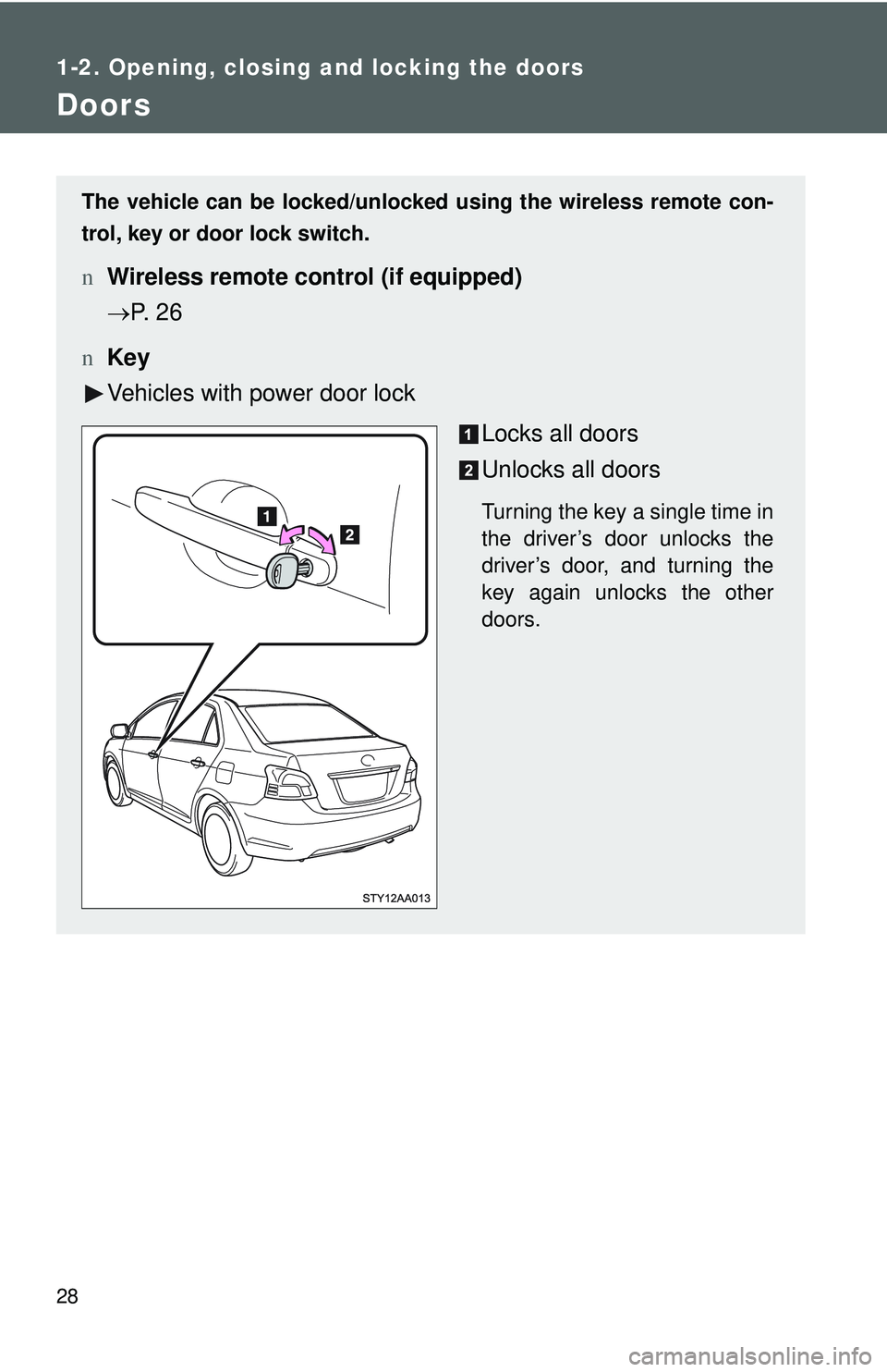 TOYOTA YARIS SEDAN 2011  Owners Manual 28
1-2. Opening, closing and locking the doors
Doors
The vehicle can be locked/unlocked using the wireless remote con-
trol, key or door lock switch.
n Wireless remote control (if equipped)
→P.  2 6