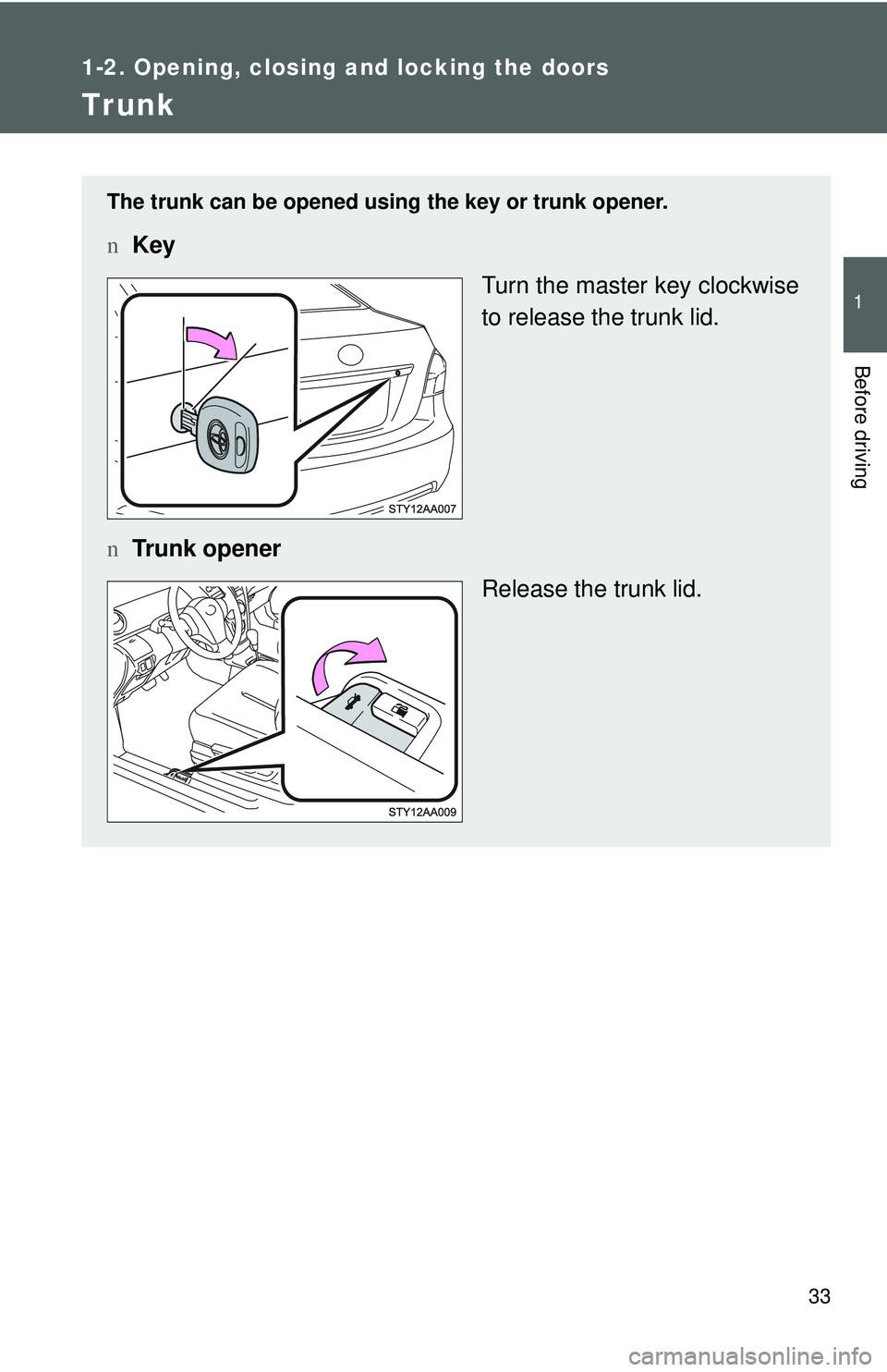 TOYOTA YARIS SEDAN 2011  Owners Manual 33
1
1-2. Opening, closing and locking the doors
Before driving
Trunk
The trunk can be opened using the key or trunk opener.
nKey
Turn the master key clockwise
to release the trunk lid.
n Trunk opener